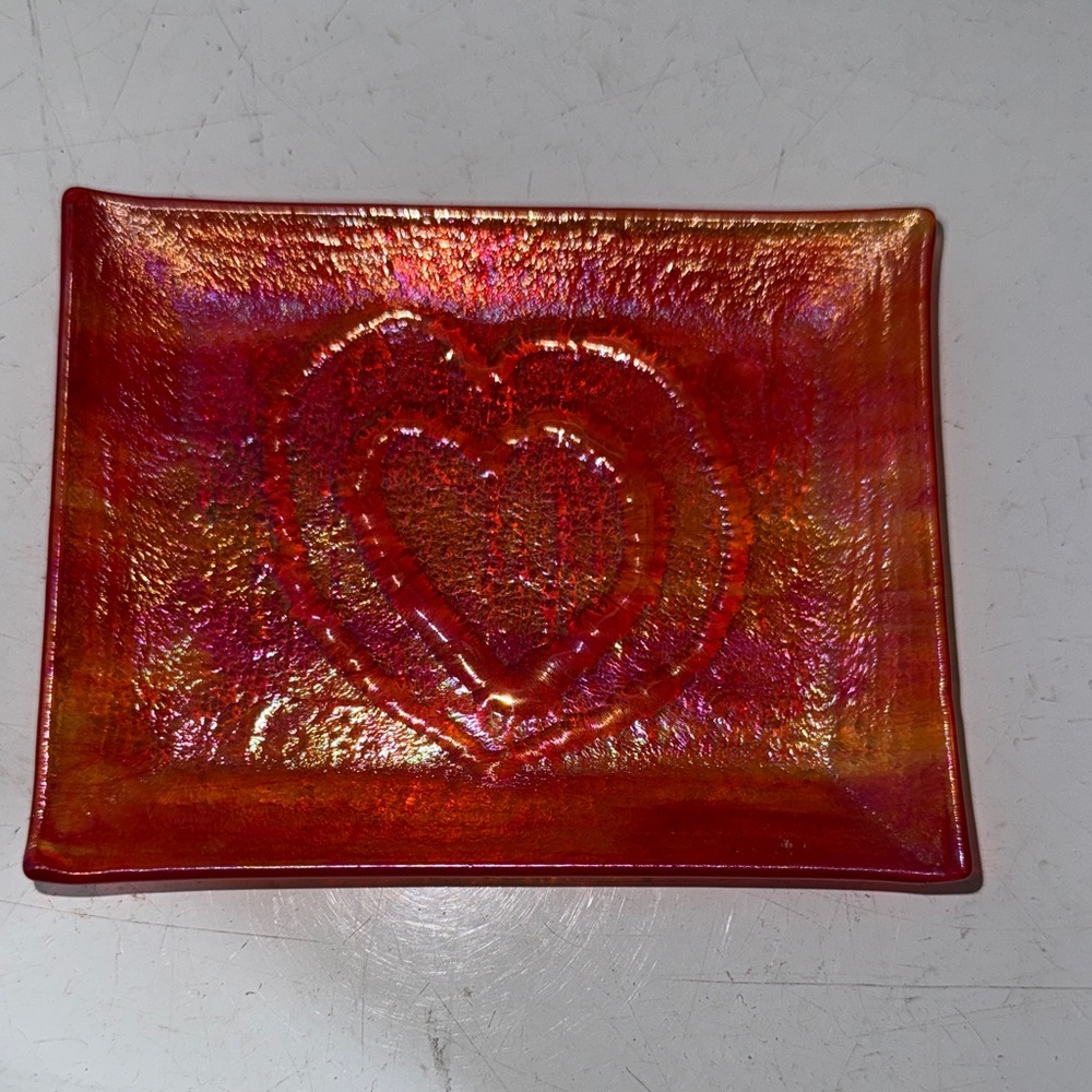 Iridescent Red Heart Glass Trinket Tray